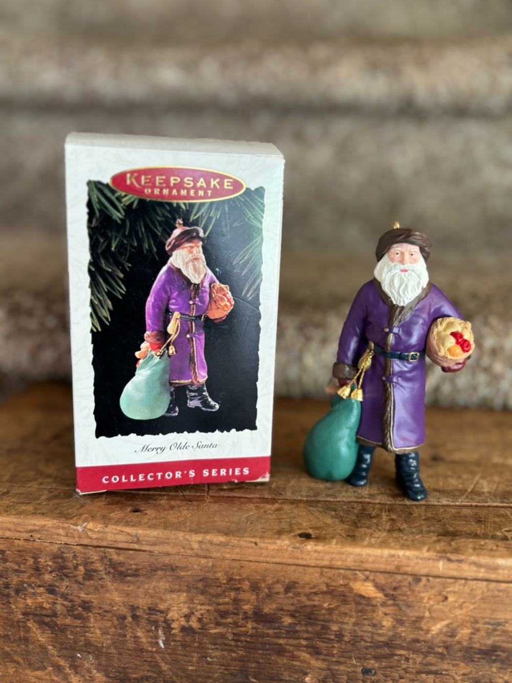 Hallmark Purple Olde Santa Ornament with Green Sack and Gold Accents